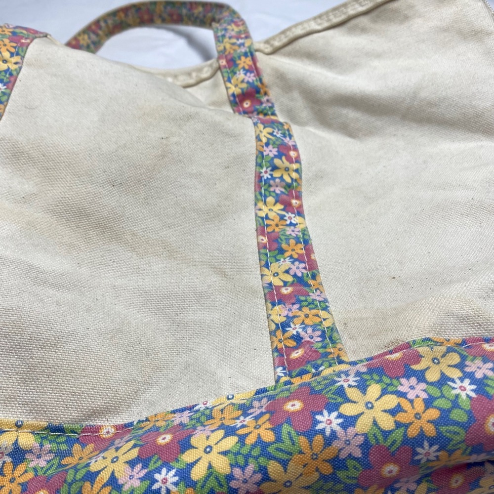LL Bean Boat and Tote Canvas Bag Floral Print Trim Zip Top Cream Multi Large - Picture 2 of 10